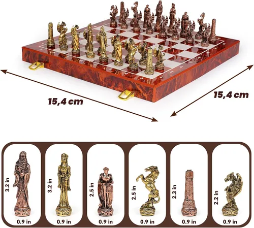 Vista 6 de Juego de ajedrez vintage de metal para adultos y niños, tablero de madera de 15 pulgadas con piezas de metal, juego de ajedrez de viaje, juego