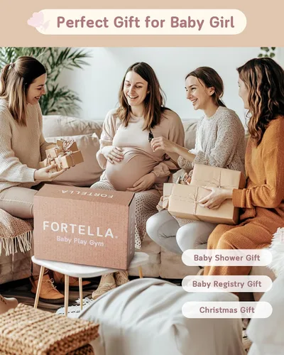 Vista 8 de Fortella Tapete de gimnasio y actividades para bebés, lavable a máquina y plegable, con 5 juguetes desmontables, certificado seguro para recién Rosa