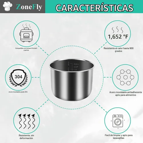 Vista 2 de ZoneFly para Instant Pot Inserto de Repuesto para Olla Interior de 3 Qt, Revestimiento de Olla de Cocina de Acero Inoxidable con Superficie Pulida
