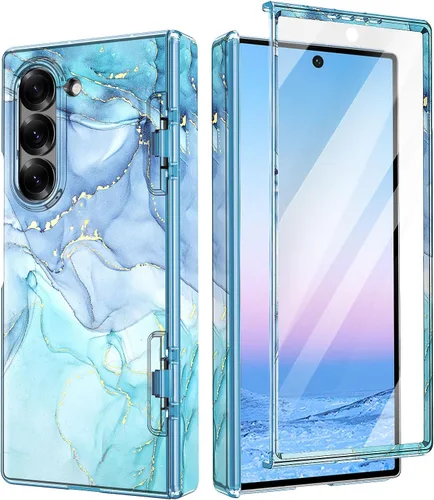 Vista 30 de Btscase Funda para Samsung Galaxy Z Fold 5, protector de pantalla frontal integrado, patrón de mármol dorado con purpurina de policarbonato duro
