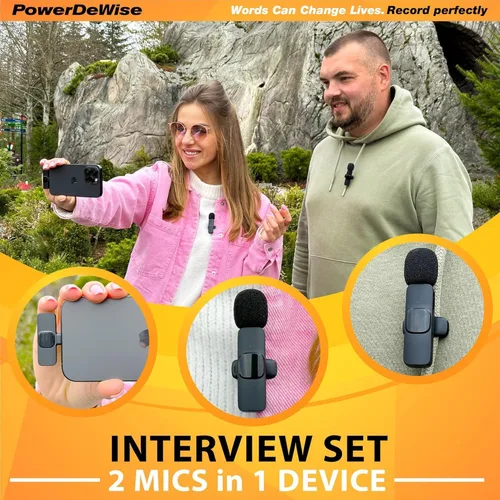 Vista 5 de PowerDeWise Micrófono de solapa Lavalier inalámbrico profesional para iPhone, iPad - Micrófono de grabación de condensador omnidireccional dual