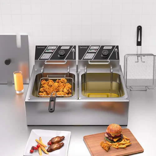 Vista 6 de Freidora comercial profunda con cestas, 3400W 12.7QT/12L de acero inoxidable engrosado para mostrador, freidora eléctrica de aceite de gran
