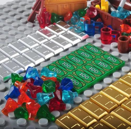 Vista 8 de Juego de accesorios del tesoro, bloques de construcción, lingotes de dinero, barra de oro, joyería de ladrillos de construcción, juego