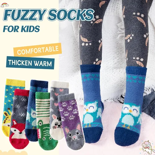 Vista 5 de Calcetines peludos para niños, antideslizantes, suaves y esponjosos, calcetines cálidos de felpa acogedora para niños y niñas, 6 pares