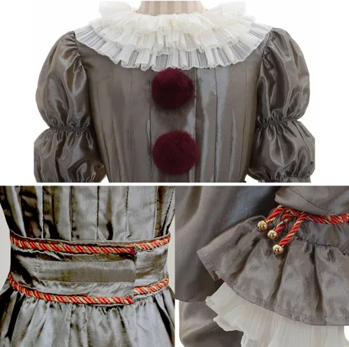 Vista 3 de Disfraz de payaso de Halloween, película de miedo, maquillaje de película de miedo, disfraz de cosplay para niños adultos (plateado)