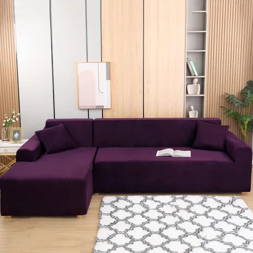 Vista 12 de Fundas para sofá modular, 2 fundas de sofá en forma de L con fundas de almohada, fundas elásticas de terciopelo para sofá de 3 + 3 plazas, fundas