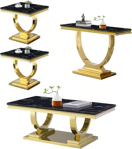 Vista 15 de Juego de 2 mesas de café de mármol, juego de mesa de sala de estar de 2 piezas que incluye 1 mesa auxiliar y 1 mesa auxiliar, moderna mesa de centro