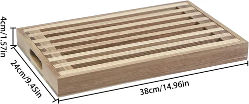 Vista 7 de Tabla de cortar de pan rectangular de madera con bandeja de migas incorporada para pan, verduras, carne, marrón, 2.58 libras