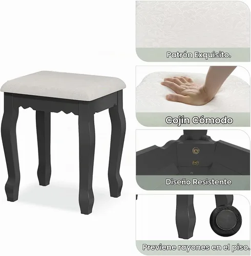 Vista 7 de Escritorio de tocador con espejo y luces, mesa de maquillaje moderna y taburete acolchado con 4 cajones, 3 modos de iluminación de color con brillo