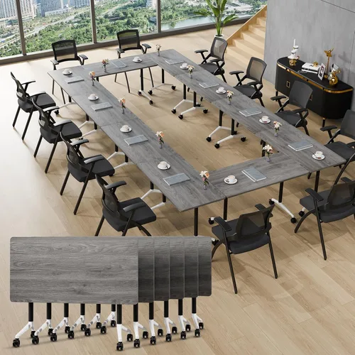 Vista 4 de Mesas de sala de conferencias blancas, mesa de conferencias rectangular plegable con ruedas para reuniones grandes, seminario en casa, oficina Gris