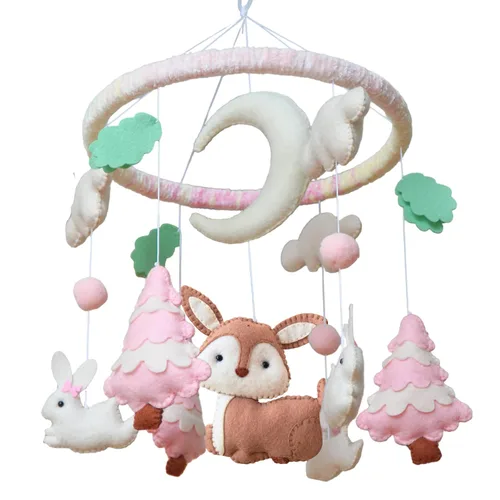 Vista 8 de Móvil de bebé rosa para cuna, cuna móvil con música, animales del bosque