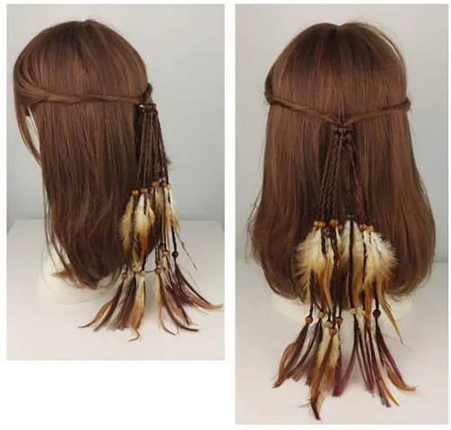 Vista 5 de 4 piezas de cuerda para el pelo de plumas gitanas hippies hechas a mano para mujer para cola de caballo bohemia, elásticos con plumas, diadema