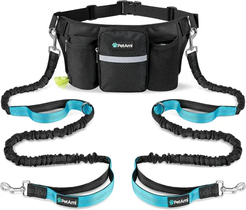 Vista 8 de PetAmi Correa de perro manos libres premium para 2 perros, correa de cinturón ajustable para caminar con perro, bolsa de accesorios de mochila