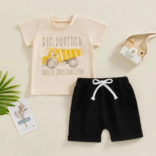 Vista 2 de Sduydiosy Ropa de verano para bebé niño, Big Brother en construcción, camisetas de manga corta, pantalones cortos, lindos trajes para recién nacidos
