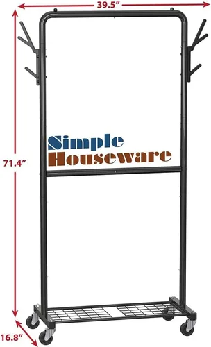 Vista 5 de Simple Houseware - Perchero de doble varilla con ruedas y ganchos, color negro Organizador de perchero de metal resistente