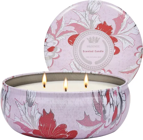 Vista 16 de M&SENSE Velas aromáticas de bayas cítricas, vela grande de lata de soja de 3 mechas, más de 40 horas de tiempo de combustión, cera vegana 100%