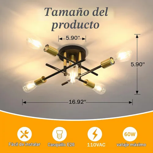 Vista 2 de UOFUS Lámpara de techo semiempotrada de 5 luces estilo casa de campo con lámpara E26 moderna lámpara de techo Sputnik negro mate y dorado