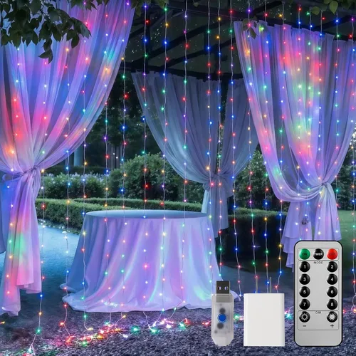 Vista 10 de Brightown - Cadena de luces de cortina con 300 LED, 3 mt de luces colgantes de hadas con control remoto, 8 modos, luces impermeables para ventanas