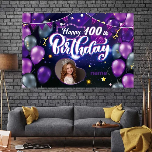 Vista 7 de Cartel decorativo personalizado de feliz cumpleaños número 100, personalización, morado, tamaños grandes, soporta fotos y nombres personalizados