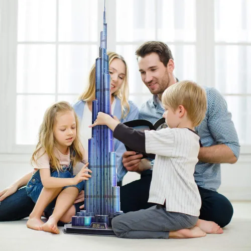 Vista 3 de CubicFun Rompecabezas 3D LED Dubai Burj Khalifa 57.5" H Kits de Modelos de Edificios de Arquitectura para Adultos, Decoración de Recuerdo y Regalos