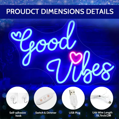 Vista 2 de Good Vibes - Letrero de neón para decoración de pared, regulable, alimentado por USB, luz de neón LED Good Vibes para fiesta y regalo