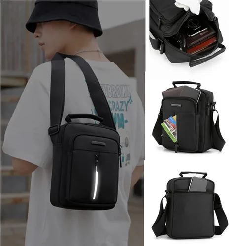 Vista 5 de Pequeño bolso cruzado de lona para hombre pequeño bolso de hombro mini bolso de mensajero para teléfono celular monedero portátil