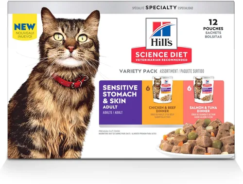 Vista 12 de Hill's Science Diet Alimento húmedo para gatos con estómago y piel sensible para adultos, pollo y carne de res, bolsas de 2.8 onzas, paquete de 24