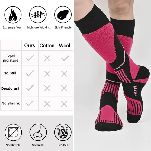 Vista 6 de COOPLUS 2 pares de calcetines de esquí para hombres y mujeres, calcetines de compresión hasta la rodilla para esquí, snowboard, senderismo, deportes