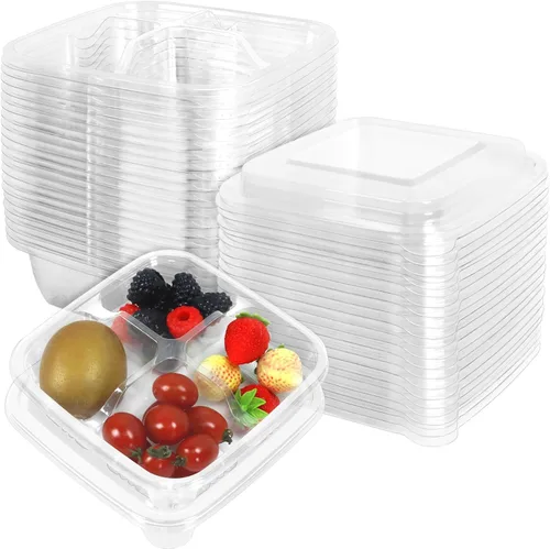 Vista 8 de Paquete de 20 recipientes transparentes Bento para aperitivos, 4 compartimentos con tapas Clear Divided Food Storage Containers, 6.3X6.3X2.36In