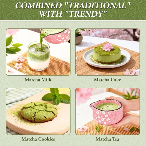 Vista 11 de Juego de Batidores de Matcha, 7 Piezas Juegos de Matcha de Cerámica con Cuenco, Batidor de Bambú y Soporte, Toalla, Tamiz, Cuchara de Bambú