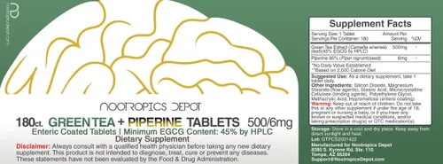 Vista 2 de Nootropics Depot Tabletas de extracto de té verde 180 unidades 500 mg Mínimo 45% EGCG + 6 mg de piperina Recubierto entérico