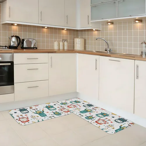 Vista 2 de Antifatigue Kitchen Mats for Floor 2 Piece - Cute Colorful Robot Print Kitchen Rugs Washable, Non Slip Runner Rug Standing Mat for