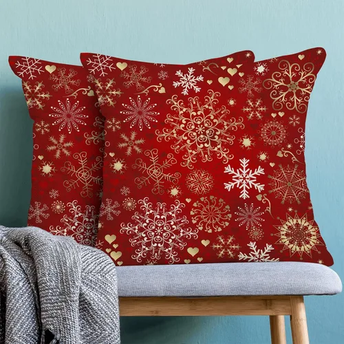 Vista 2 de Fundas de almohada de Navidad de 16 x 16 pulgadas, almohadas decorativas de Navidad con copos de nieve dorados, blancos y rojos para sofá, fundas