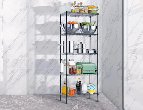 Vista 3 de Estantería de metal de 5 estantes, altura ajustable, estante de alambre comercial con patas niveladoras, capacidad de 150 libras por estante, 24 x