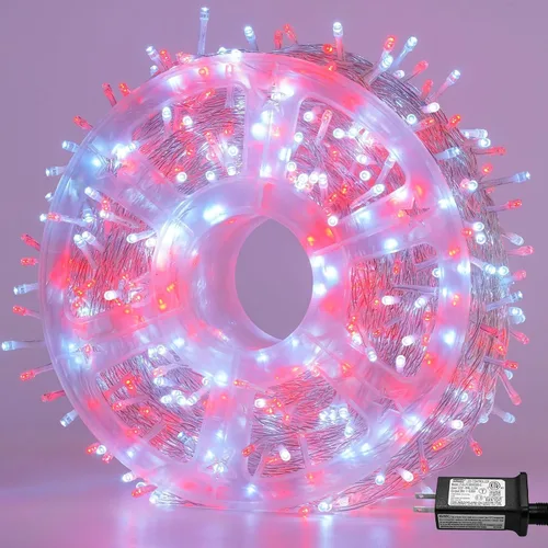 Vista 12 de Guirnalda de 1000 luces LED azules, luces de Navidad de 328 pies para exteriores, impermeables, con enchufe, alambre transparente, luces de árbol