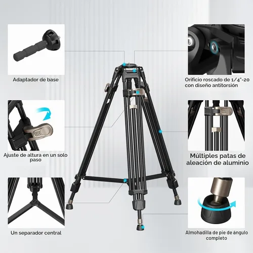 Vista 5 de SMALLRIG AD-80 FreeBlazer Trípode de aluminio resistente de aleación, trípode de video de 71 pulgadas con adaptador de cuenco de 75mm, ajuste