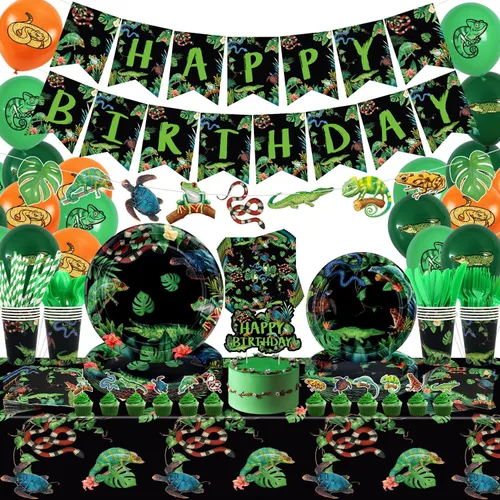 Vista 8 de KEFAN Decoraciones de fiesta de reptiles, lagartos de vida silvestre, serpientes, cocodrilos, suministros de vajilla para fiesta, incluyendo Fondo
