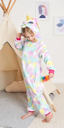 Vista 4 de UDERUI Pijama de unicornio para niños, disfraz de cosplay de una sola pieza, ropa de fiesta de animales, para niñas y niños