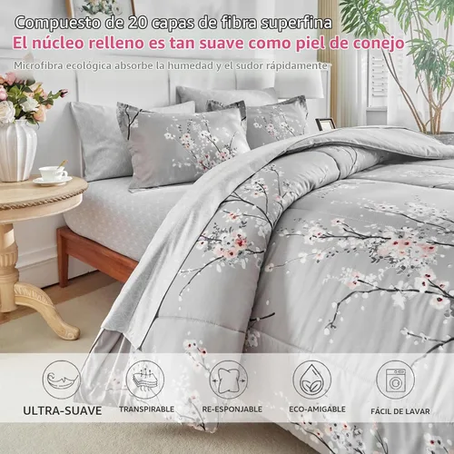 Vista 6 de AIKASY - Juego de 7 piezas de edredón reversible de microfibra suave, juego de cama en una bolsa, tamaño Queen - Estampado floral