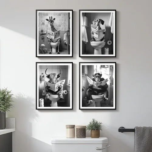 Vista 11 de Arte de pared divertido de vaca de las tierras altas enmarcado para baño, 4 piezas de divertidos animales, impresiones artísticas azul marino, linda