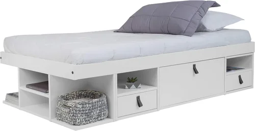 Vista 36 de Memomad Bali Set: Plataforma de almacenamiento con cajones + Cabecera con estantería (Tamaño individual, madera color marrón caramelo)