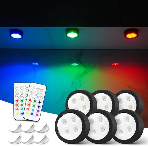Vista 11 de Luces de empuje con control remoto, 6 piezas de luces LED de disco de hockey alimentadas por batería, iluminación inalámbrica debajo del gabinete