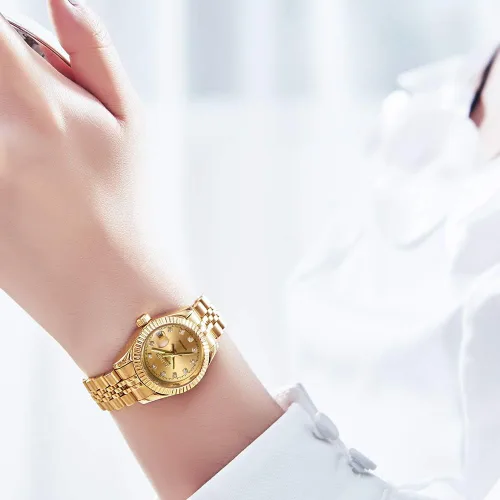 Vista 2 de OLEVS Relojes automáticos para mujer oro y plata acero inoxidable impermeables con fecha estilo clásico