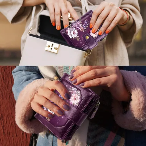 Vista 7 de Cartera pequeña para mujer, con bloqueo RFID, de piel, compacta, con bloqueo RFID, con cremallera y ventana de identificación, flores moradas