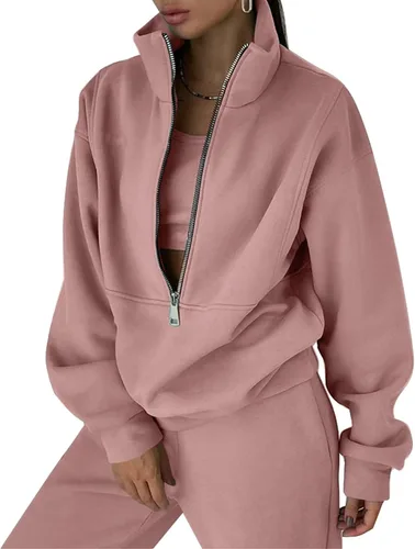 Vista 10 de PEHMEA Conjunto deportivo de 2 piezas de otoño para mujer, con forro polar, holgado, manga larga, media cremallera, cómodo conjunto de descanso