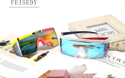 Vista 8 de FEISEDY Gafas de sol deportivas de gran tamaño de los años 80, gafas de esquí con parte superior plana, visera futurista de una pieza para mujeres