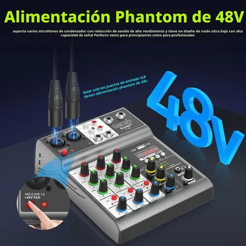 Vista 7 de Mezclador de audio profesional Aveek, consola de mezcla de placa de sonido con 4 canales digitales USB Bluetooth, efecto de eco y retardo, entrada