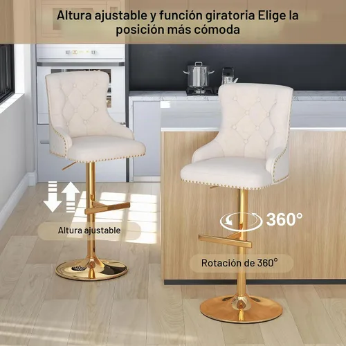 Vista 4 de Juego de 2 taburetes de bar de terciopelo, altura ajustable, base de metal dorado, beige Diseño de cabeza de clavo, función giratoria, ideal
