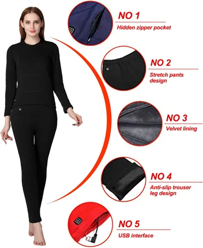 Vista 5 de Conjunto de ropa interior térmica térmica para mujer, conjunto de pantalones largos con calefacción térmica eléctrica para mujer, leggings