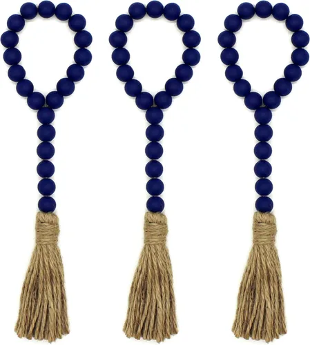 Vista 12 de CVHOMEDECO. Guirnalda de cuentas de madera con borlas, 3 piezas de cuentas rústicas de madera rústica para oración para colgar en la pared para Negro